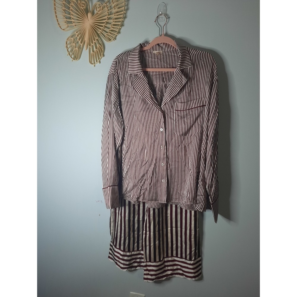LyreBird Womens Pajama Set Burgundy Cream Striped Button Down Top Pants Large